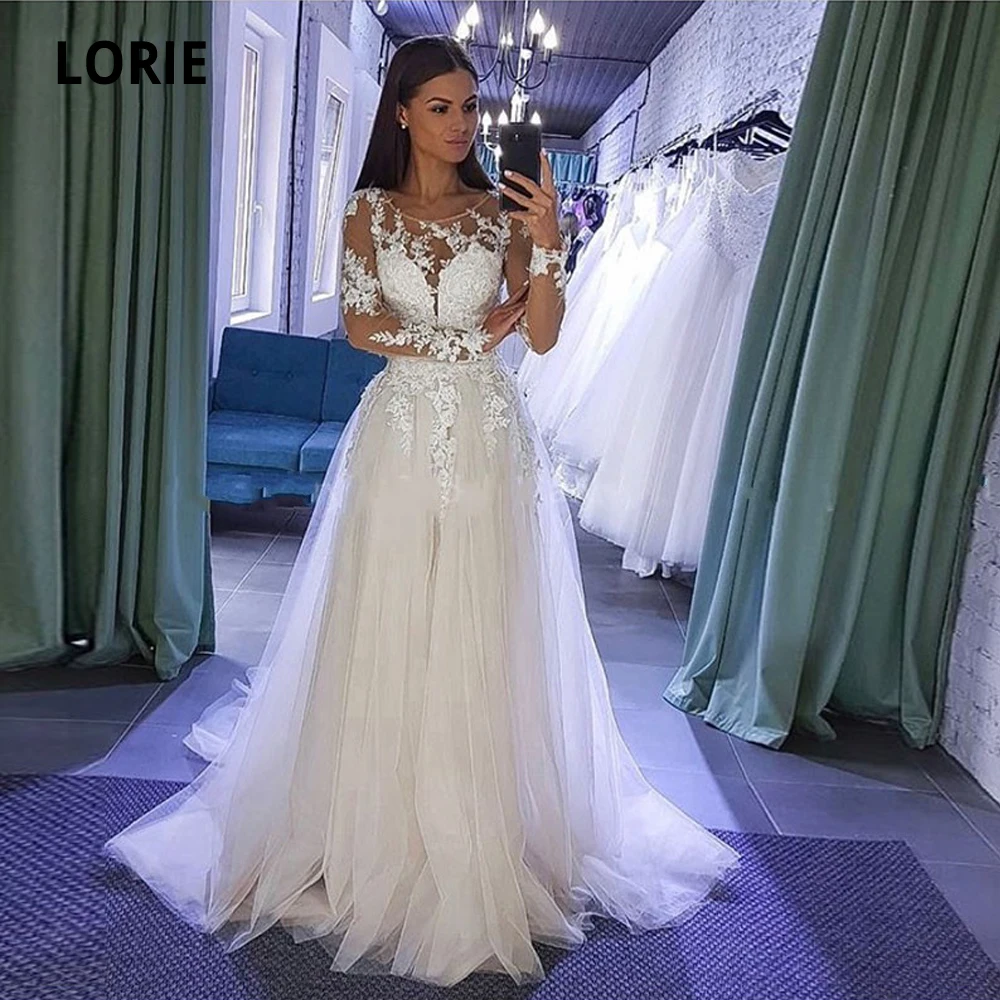 

LORIE Long Sleeve Lace Appliques Wedding Dresses Boho Tulle Bride Gown Beach Party Gown Back Button Illusion abito da sposa