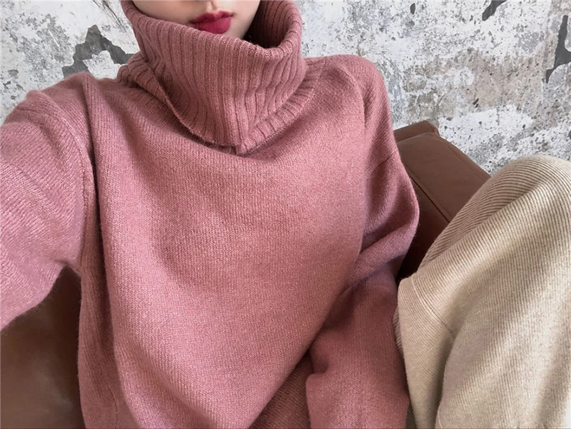 2 цвета осень и зима 2019 корейский стиль сплошной цвет вязаный теплый водолазка