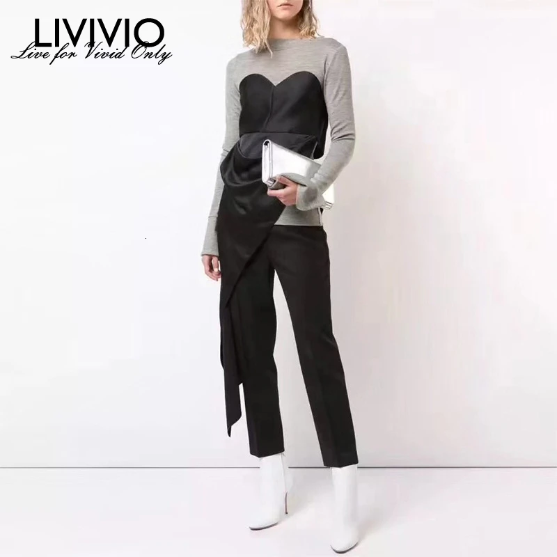 Женский свитер с длинным рукавом LIVIVIO асимметричным подолом на шнуровке осенняя