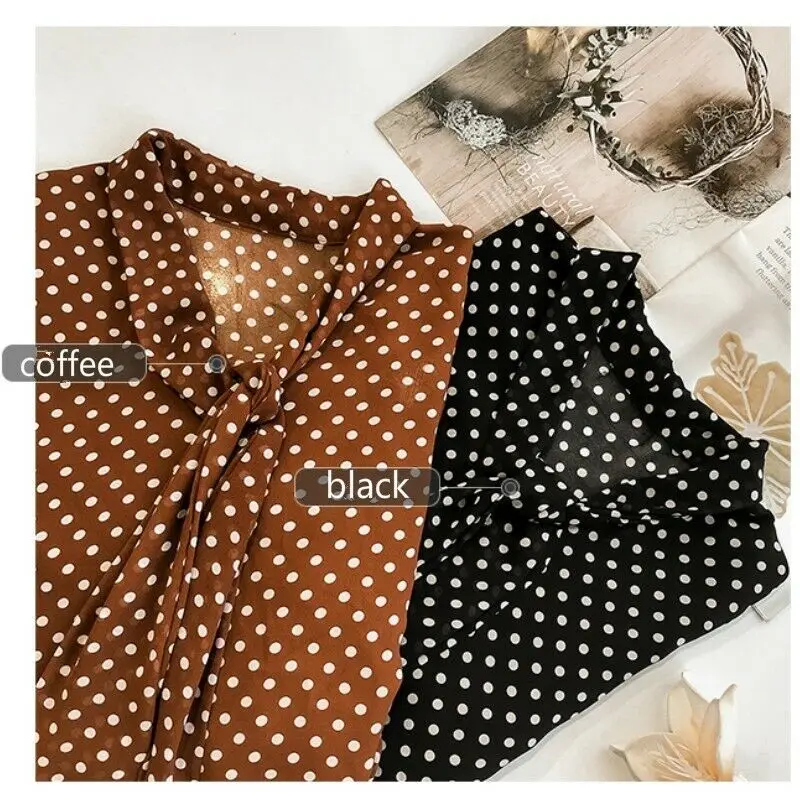 Women Lady Chiffon Bow Tie Shirt Blouse Polka Dots Top Long Sleeve Fresh Sweet Leisure | Женская одежда
