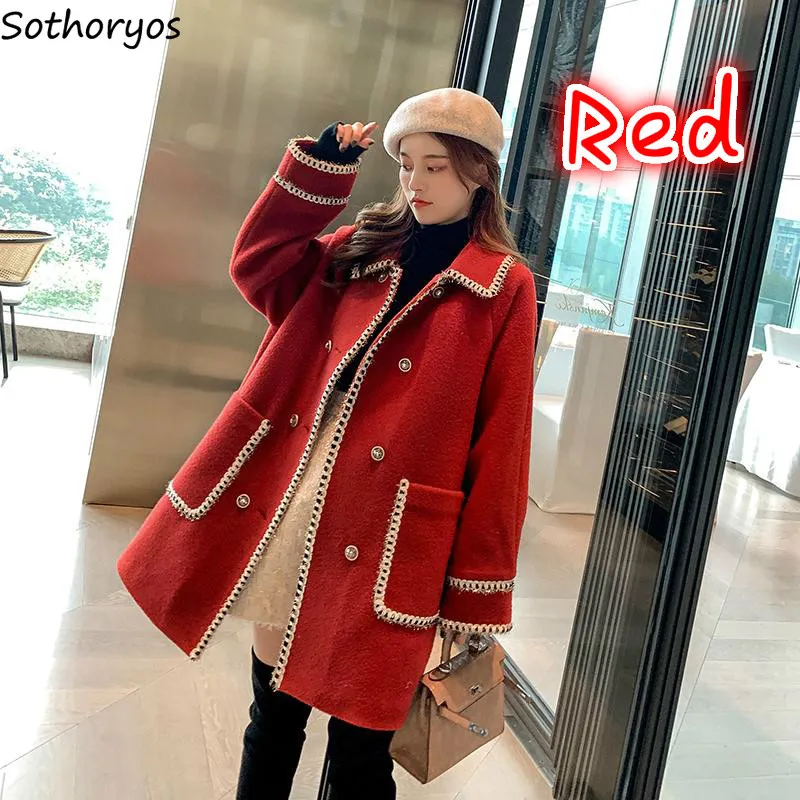 

Wool Blends Women Solid Double Breast Pocket Autumn Thicker Womens Loose Vintage Retro Lovely Ulzzang Fashion Streetwear Chic