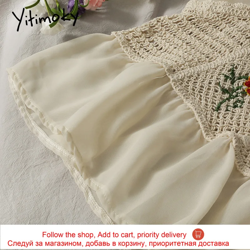 

Yitimoky Hollow Out Blouses Women Puff Sleeve Long Sleeve Spliced Shirts O-Neck White Top 2021 Spring Korean Fashion New Clothes