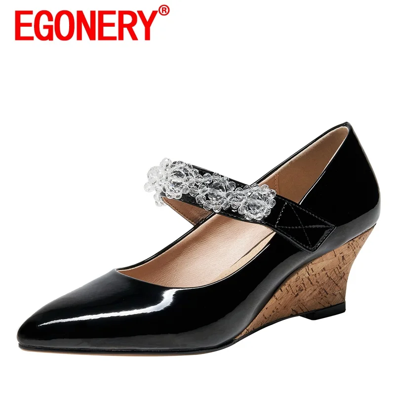 EGONERY Women autumn New Style Good Qualtiy Pumps Heels Genuine Leather Working Shoes String beads decoration Pointed Toe