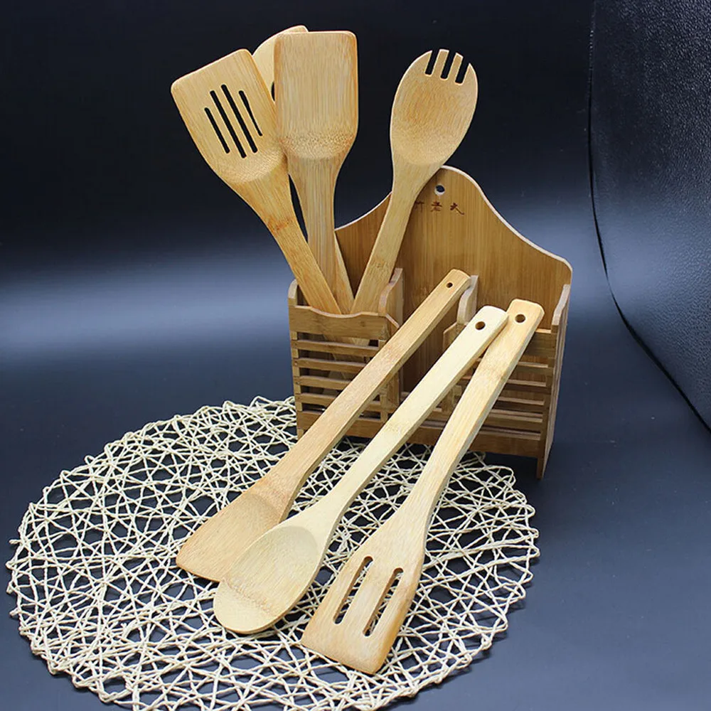 

5 PCS 1 Set Bamboo Utensil Kitchen Wooden Cooking Tools Spoon Spatula Mixing Healthy High Quality Easy Kitchen Cooking Tools L*5