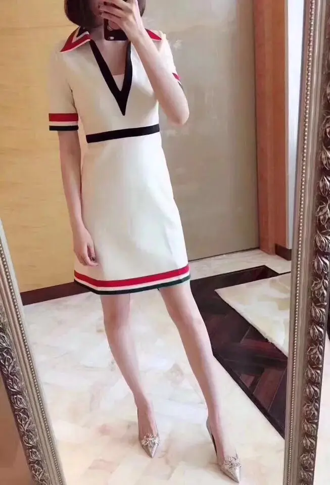 

white stripes deep New v neck dress with short sleeves