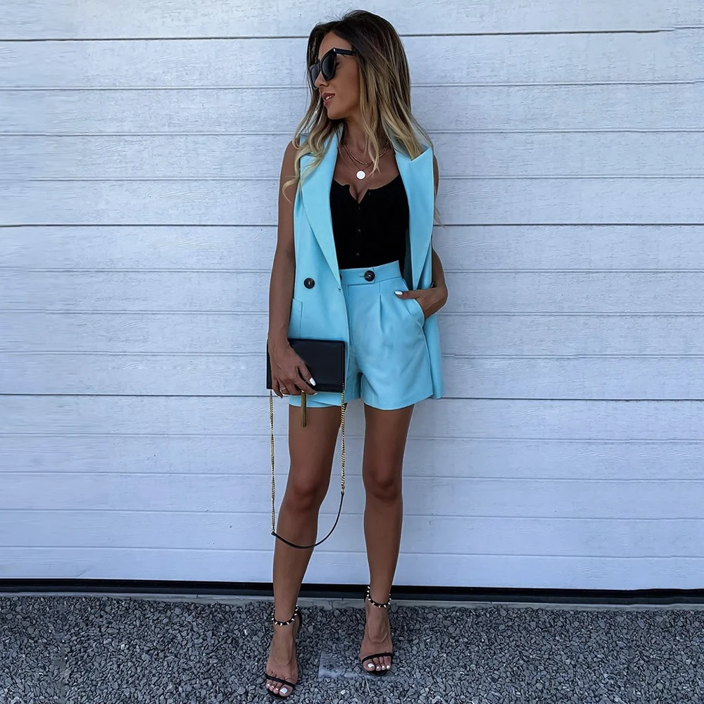 

2021 Elegant Office Ladies Suits Women Workwear Women Sleeveless plaid button up elastic waist Blazer Top and pocket short Set