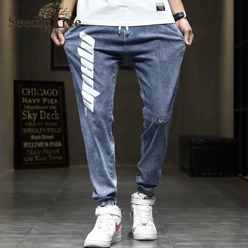Letter Printing Men's Casual Jeans Slim Small Feet Denim Trousers