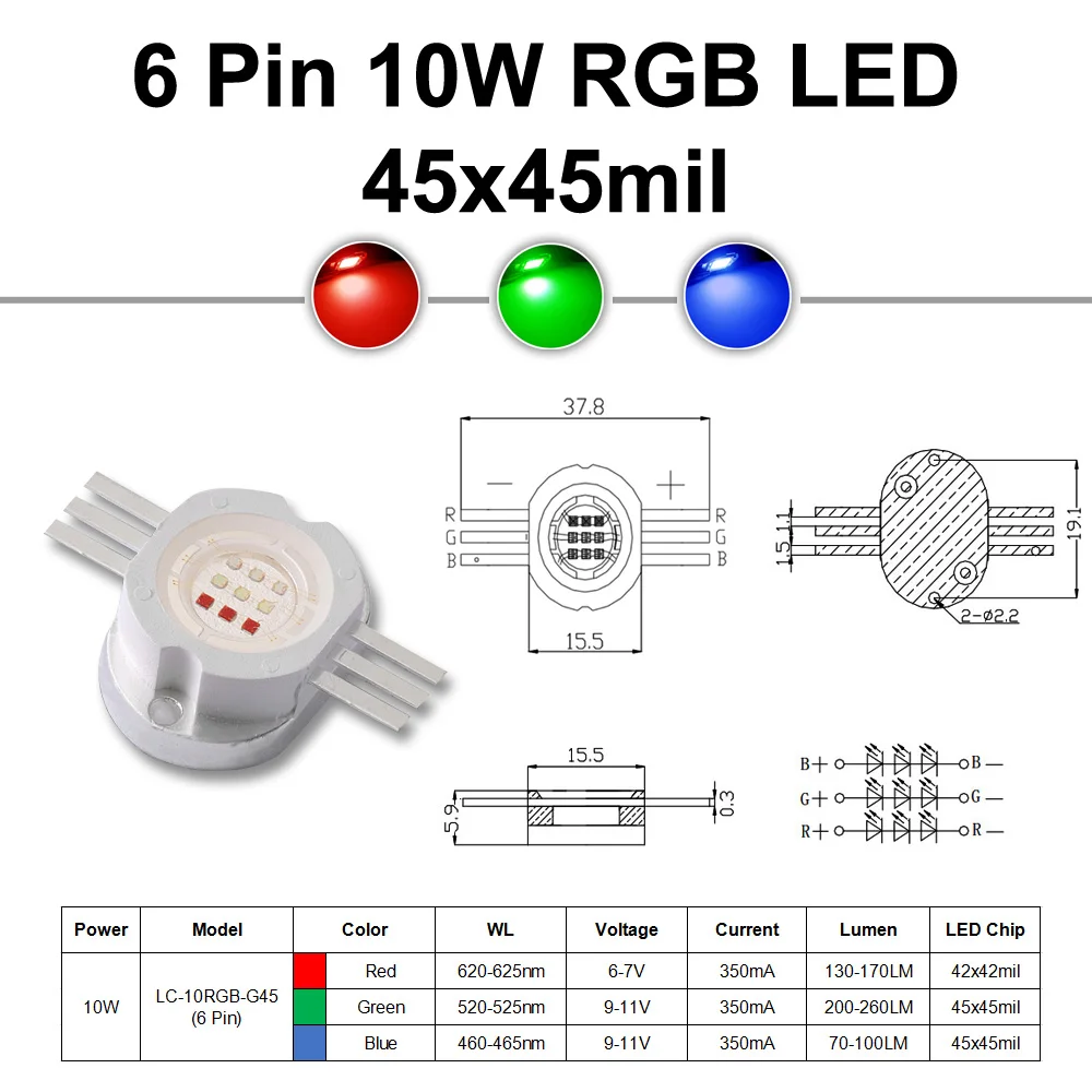 Светодиодный чип высокой мощности 10 Вт COB супер яркий RGB Красный Зеленый Синий SMD