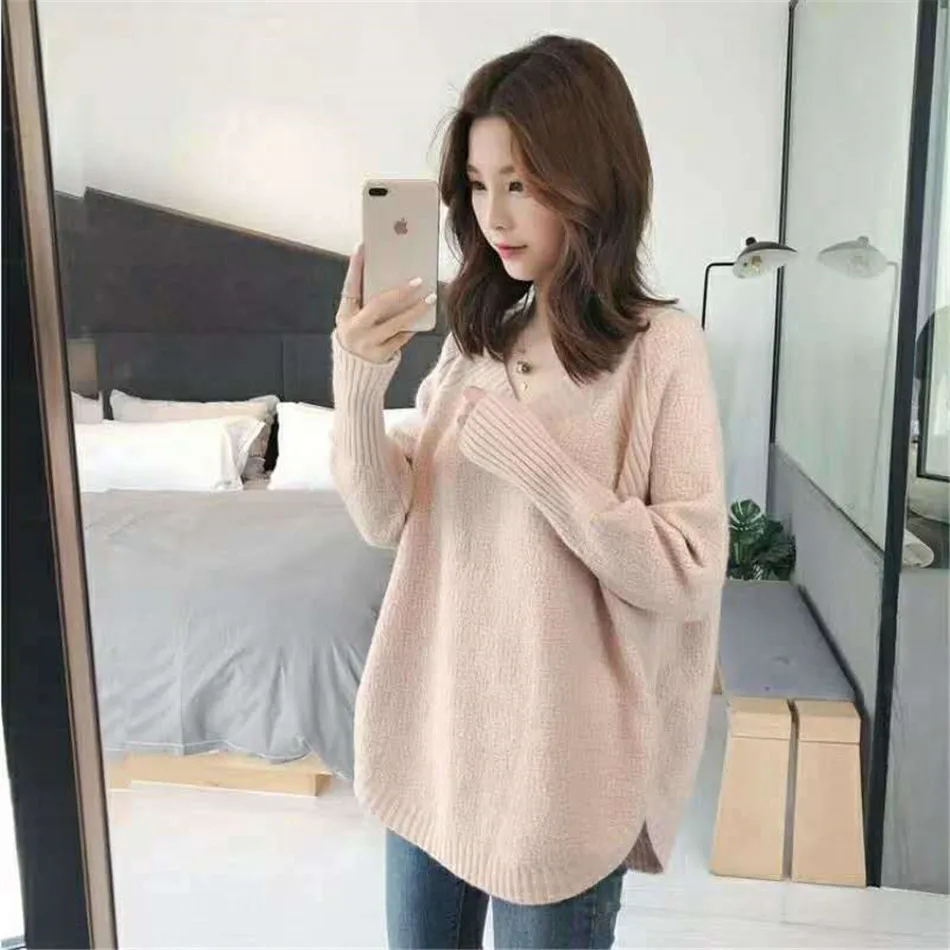 Пуловер женский однотонный с круглым вырезом вязаный мягкий свободный джемпер в