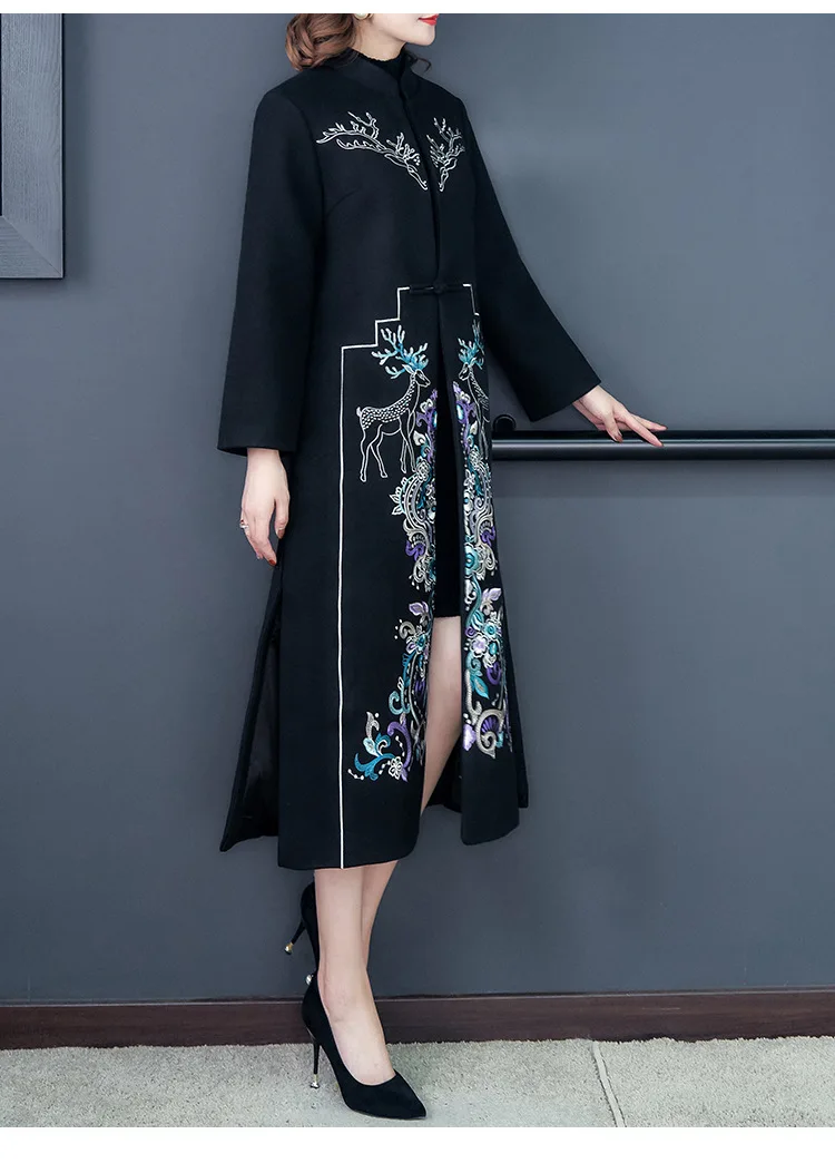 chinese style Retro wool embroidered coat women's slim long Windbreaker autumn and winter Embroidery overcoat