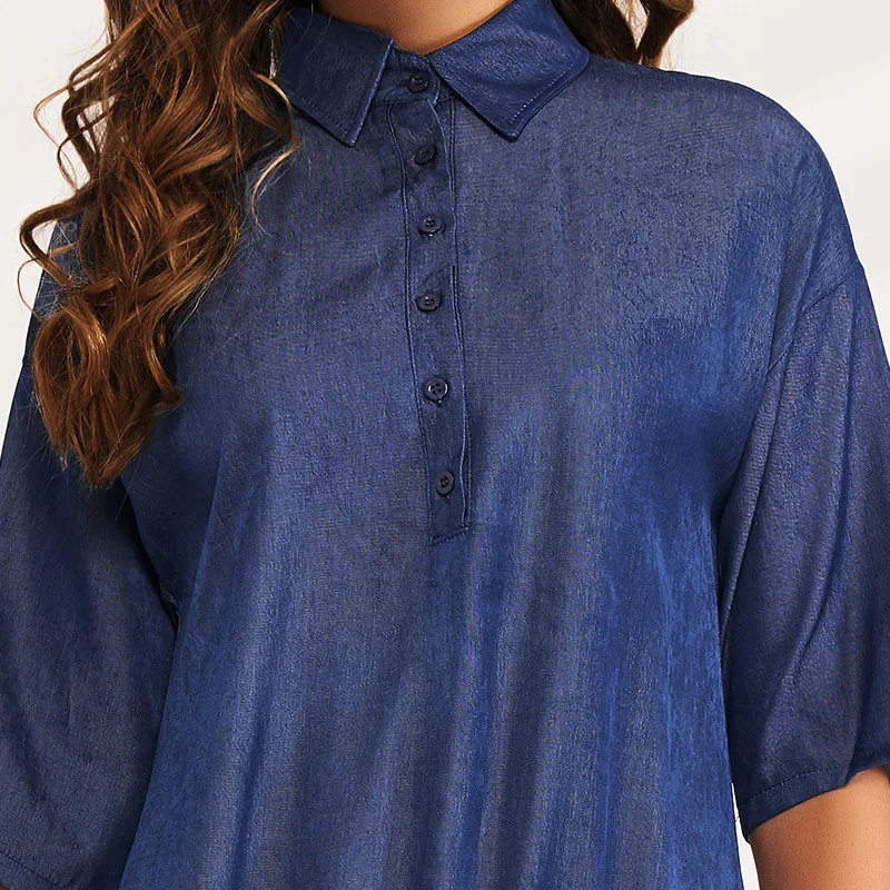 

Summer New Women's Fashion Loose Age Reduction Polo Collar Short-sleeved Lace Stitching All-match Thin Mid-length Dress