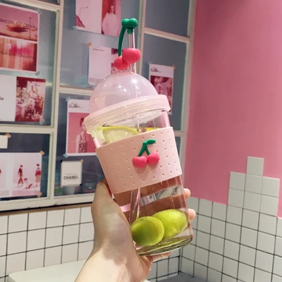 Cherry Новая модная вишня двухслойная стеклянная чашка Kawaii бутылка для воды для детей и взрослых с соломинкой милые бутылки для воды Bpa бесплатно герметичные чашки - Цвет: Cherry