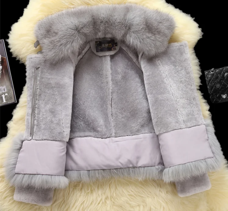 Luxury woman genuine natural sheepskin shearing leather coat with large fox fur collar ladies short wool jacket black customized