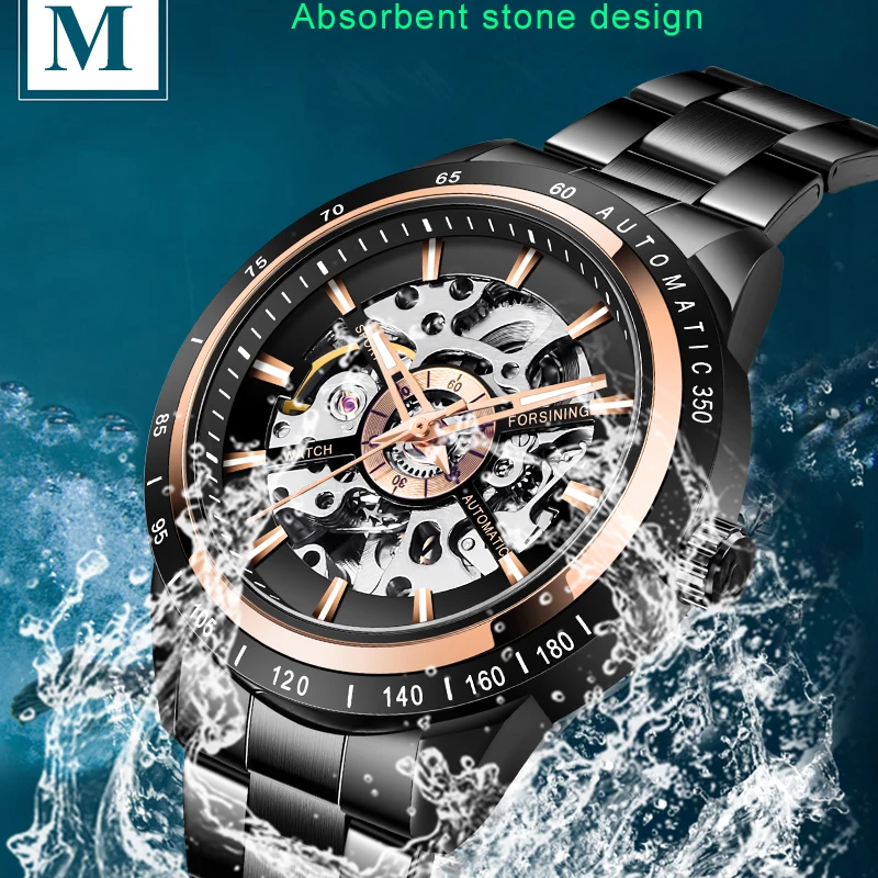 Модные мужские механические часы FORSINING черный скелет Мужские Аналоговые