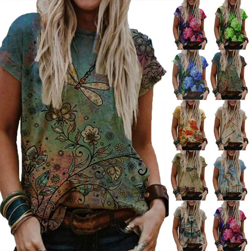 

Women Floral Animal Printed Short Sleeve Crew Neck T-shirt Summer Casual Top Tee