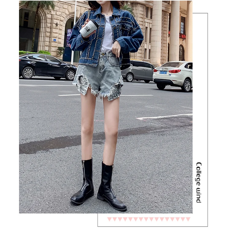 

Women Punk Style Cool Denim Jacket Womens Jackets and Coats Streetwear Tassel Short Batwing Denim Sherpa Sequin Jacket Outerwear