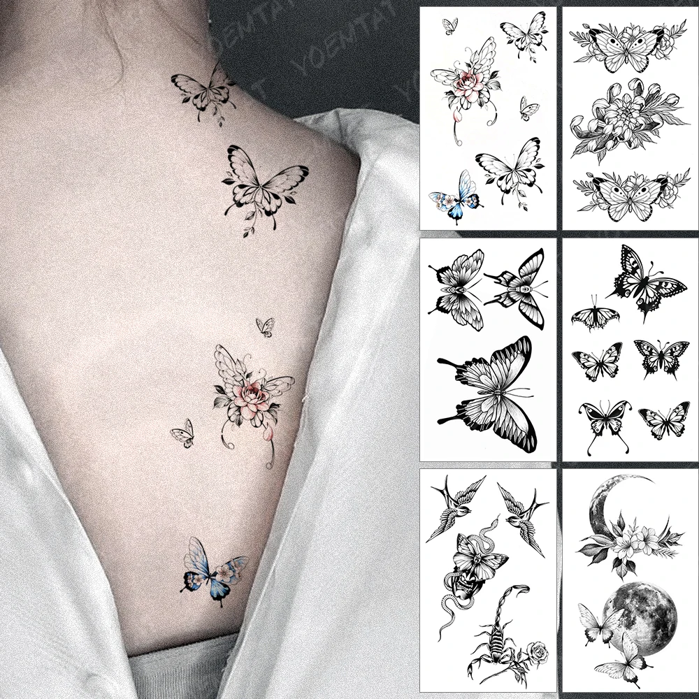 

Waterproof Temporary Tattoo Sticker Butterfly Fake Tatto Flash Snake Feather Tatoo Body Art Tatouage For Girl Women Men