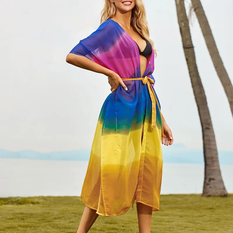 

Colorful Pareo Beach Cover Up Beach Dress Bikini Cover Up Swimwear Women Robe De Plage Beach Cardigan summer Cover Ups kimono