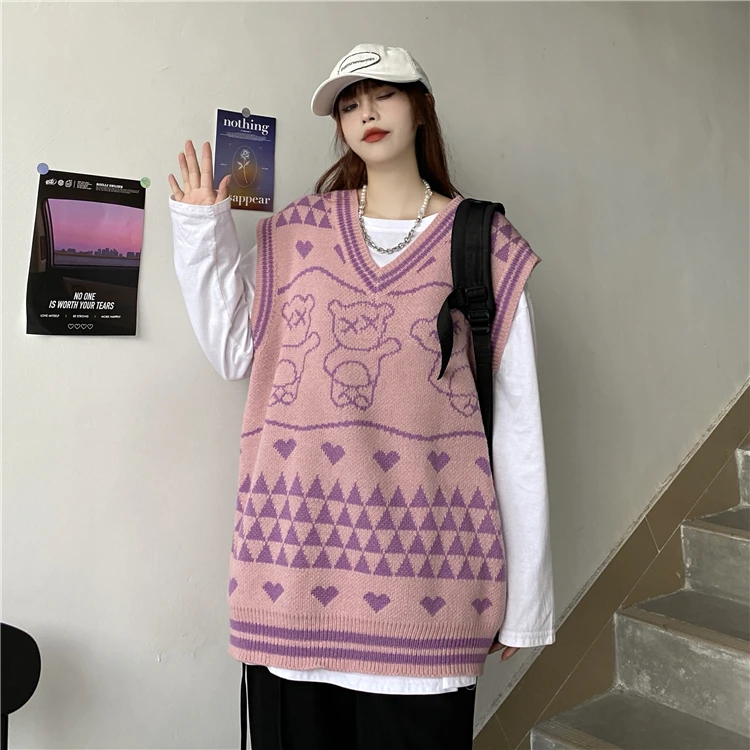 

Y2k Женский трикотажный жилет с милым медведем и сердцем, серый, фиолетовый, Женский Свободный жилет, осенняя Корейская трикотажная безрукав...
