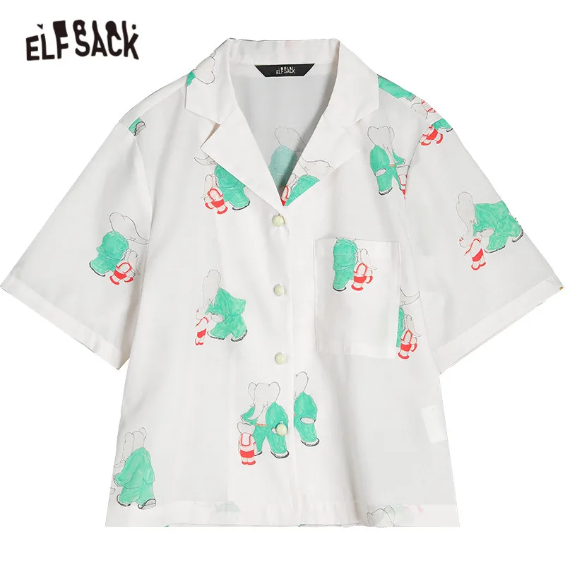 

ELFSACK Graphic Print Chic Single Breasted Casual Shirt Women,2021 Summer Vintage Half Sleeve Korean Ladies Daily Top