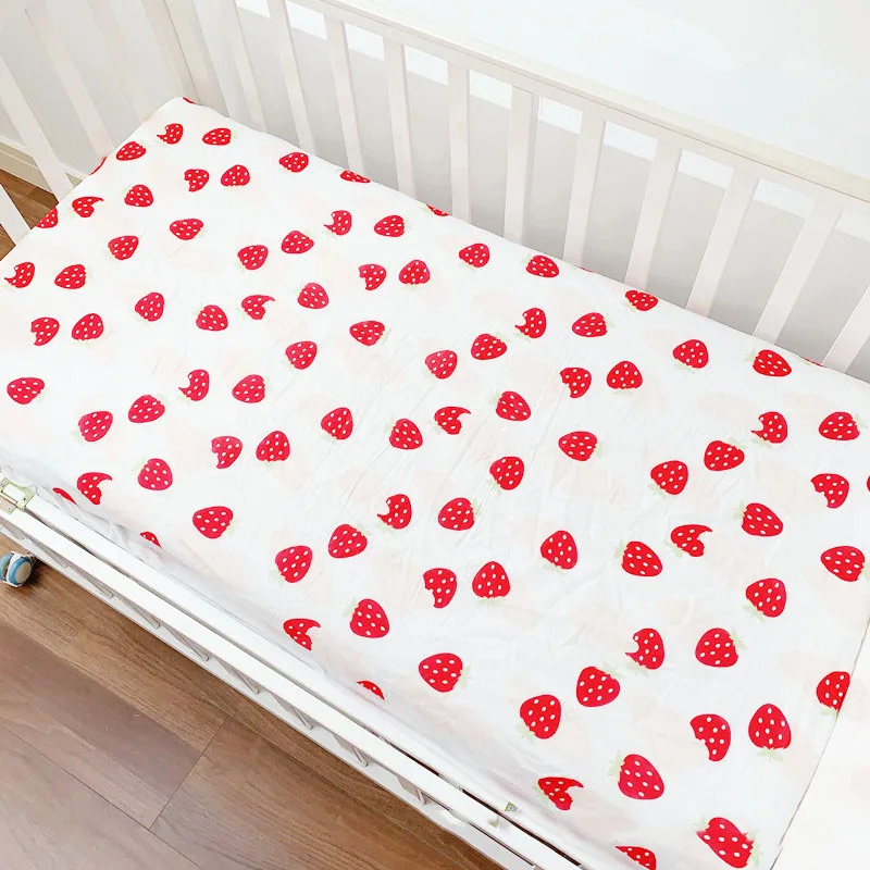 

Strawberry Print Bed Cover Breathable Cotton Fitted Bed Sheet Crib Mattress Cover Infant Bedding Dust Protective Case Baby Beddi