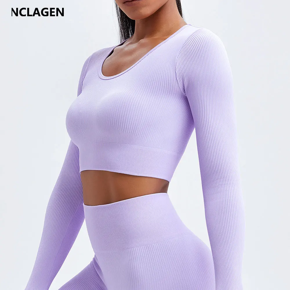 

NCLAGEN Woman Sports Crop Top Seamless Shirt Long Sleeve Naked-feel Yoga Blouse Push-up Breathable Fitness Clothes Gym Pulovers