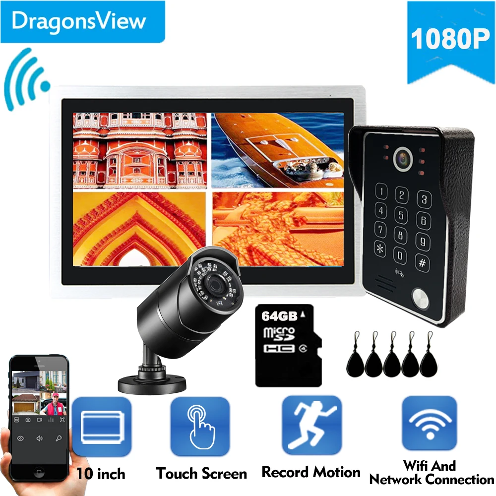 Dragonsview 10 дюймов беспроводной видеодомофон Wifi дверной звонок 1080P сенсорный экран