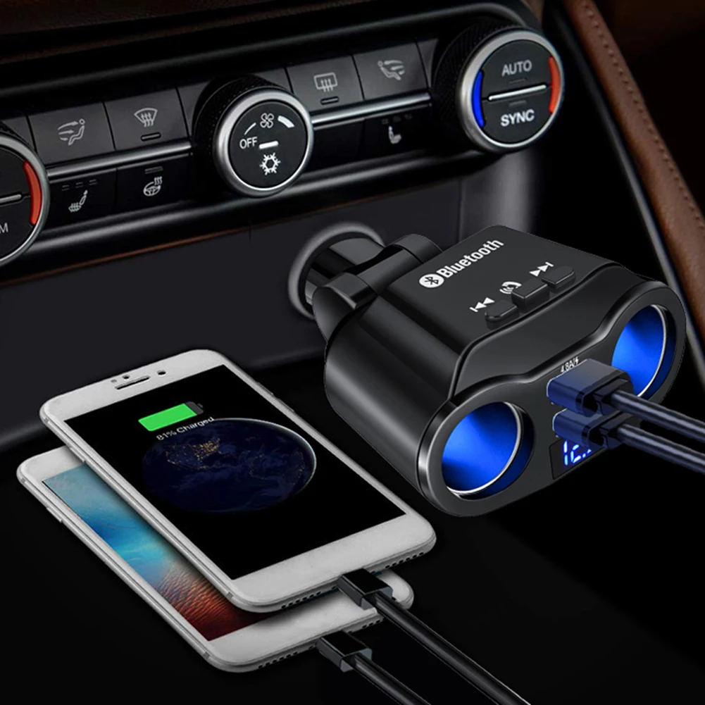 Divisor de mechero para coche, Cargador USB con Bluetooth, pantalla LED de voltaje, 90W, 12V/24V