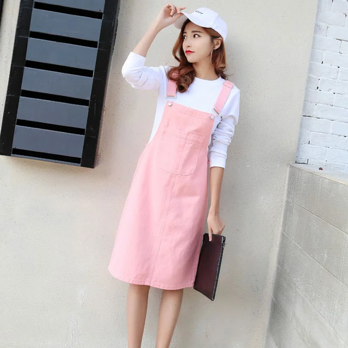 2020 Spring New Arrival Solid Suspender Girls Dress Knee-Length Basis Denim Sweet Preppy Style Korean DG80 | Женская одежда