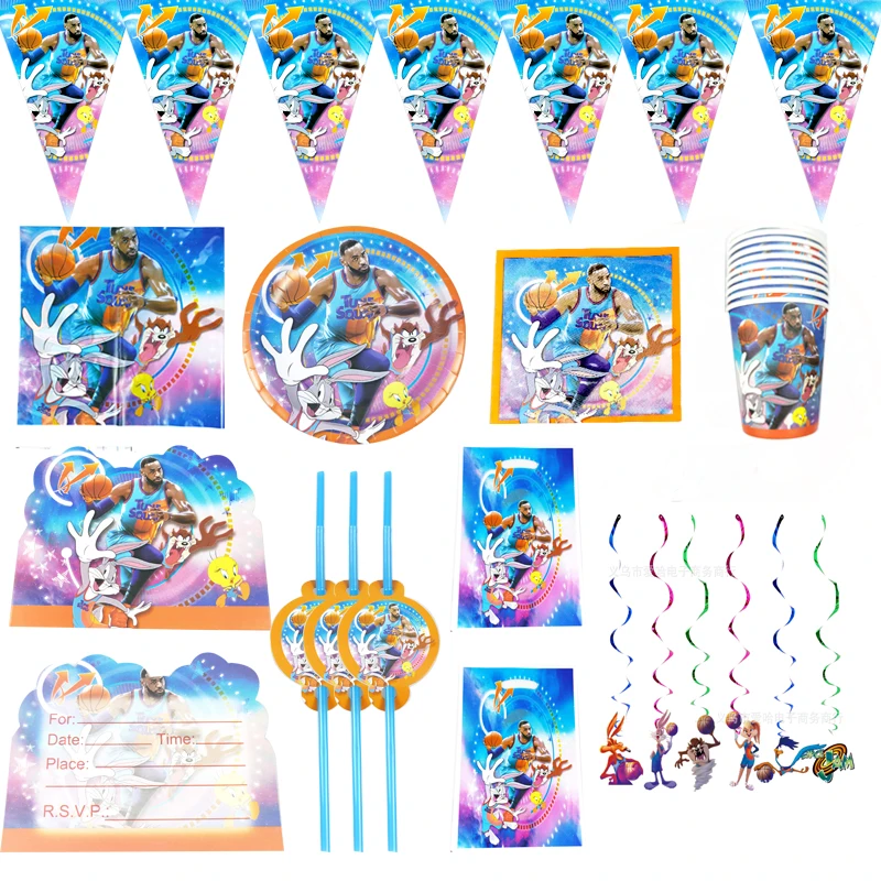 

87PCS Space Jam Theme Plates Cups Baby Shower Straws Loot Bags Tablecloth Birthday Party Flags Napkins Invitation Cards Swirls