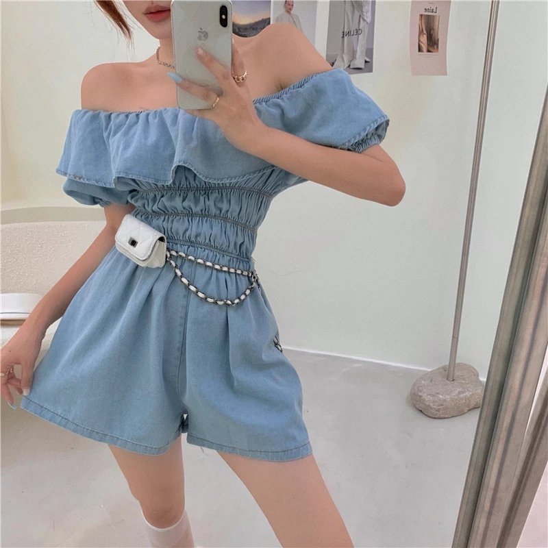 

Korejepo Women Playsuits 2021 Summer Vintage Sexy Denim Shorts Slash Neck Ruffled Waist Loose Straight Wide-legged Slim Overall