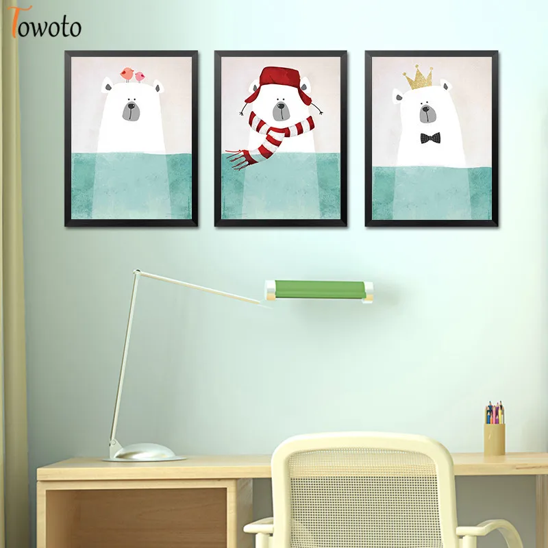 Cute Beer Print Kids Poster Cartoon Canvas Painting Nursery Mint Green Wall Art Children Room Decoration Picture Decor |