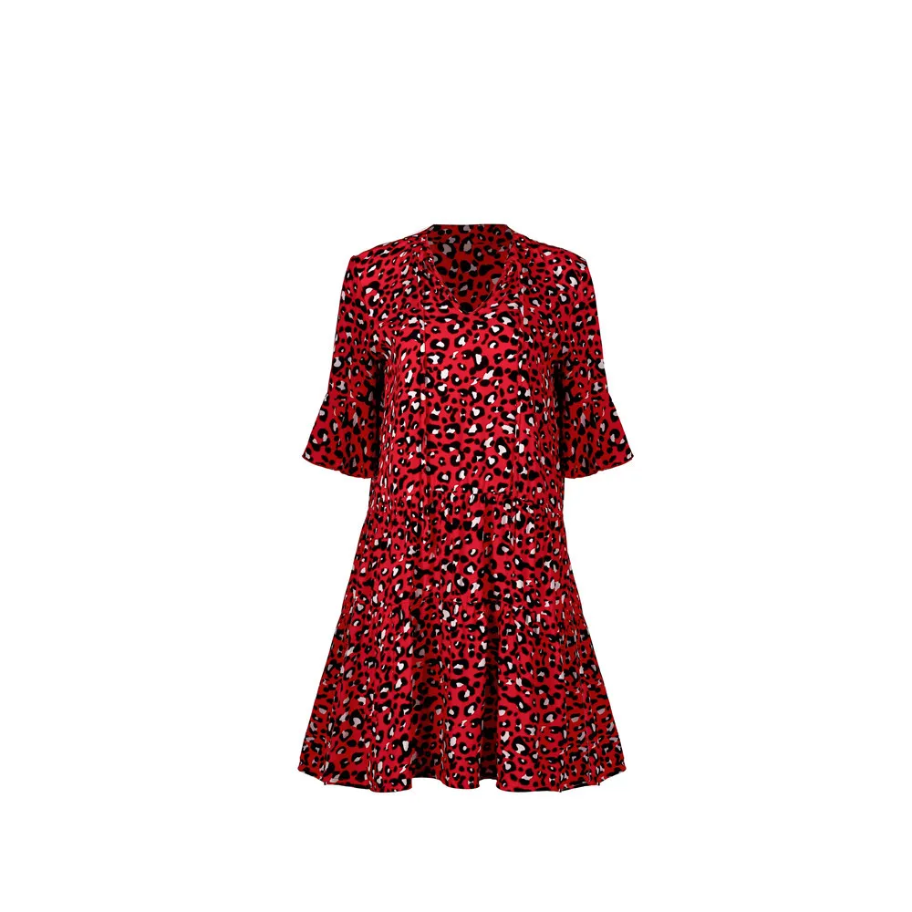 

2021 Women's V-neck Lace-up Leopard-print Mosaic Loose Dress