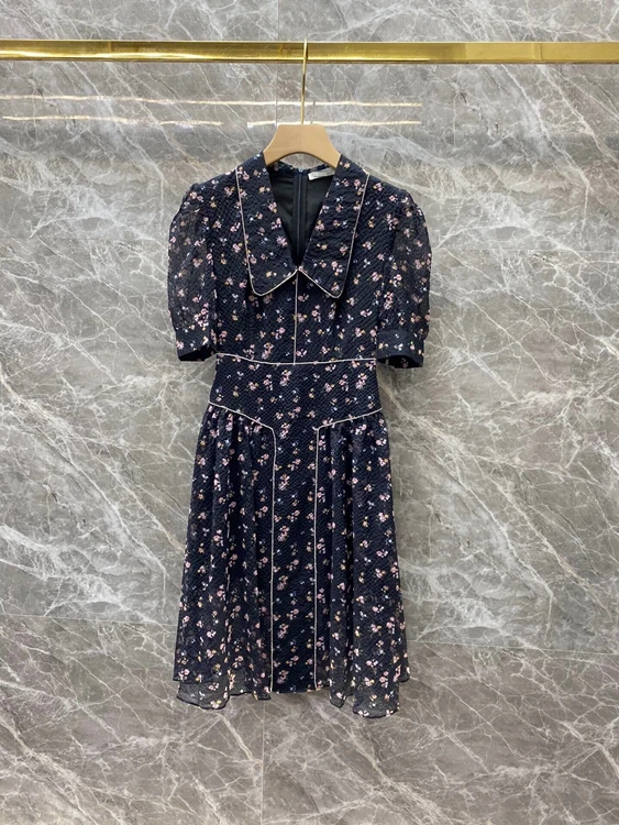 

Новинка 2021, женское модное платье с декоративной отделкой стразами, маленькие вышитые цветы, платье с коротким рукавом, 621