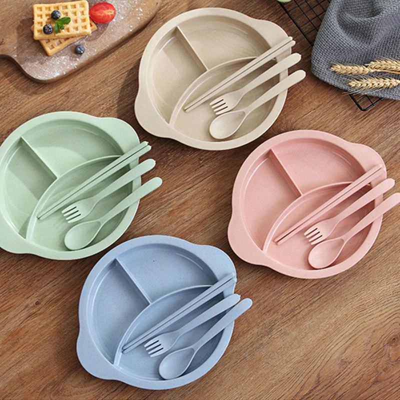 Vajilla de alimentaci&oacute;n para beb&eacute;, plato de paja de trigo para entrenamiento de reci&eacute;n nacido, con tenedor, palillo y cuchara, platos infantiles, MBG0520-1