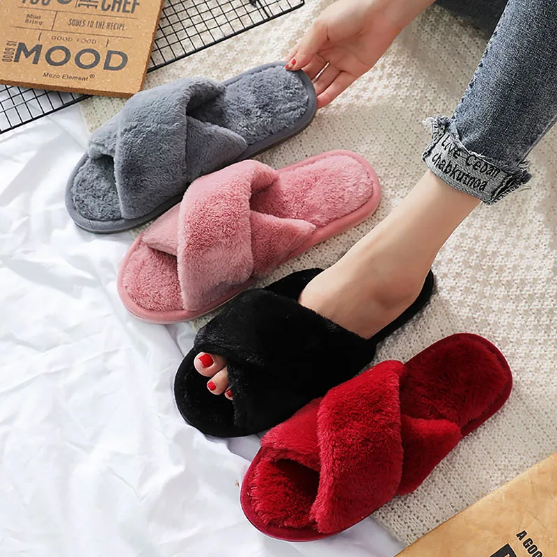 

Autumn Winter Warm Fluffy Home Indoor Slippers For Women Cozy Faux Fur Cross-Tied House Floor Slides Ladies Soft Furry Flat Shoe