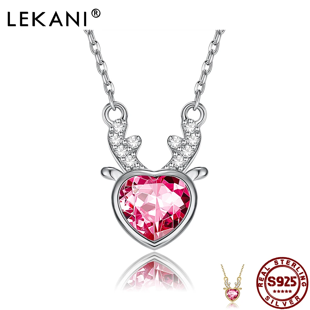 

LEKANI Cubic Zirconia Red Heart Fawn Necklace S925 Sterling Silver Delicate Fashion Woman Necklace Party Give Friends Gifts
