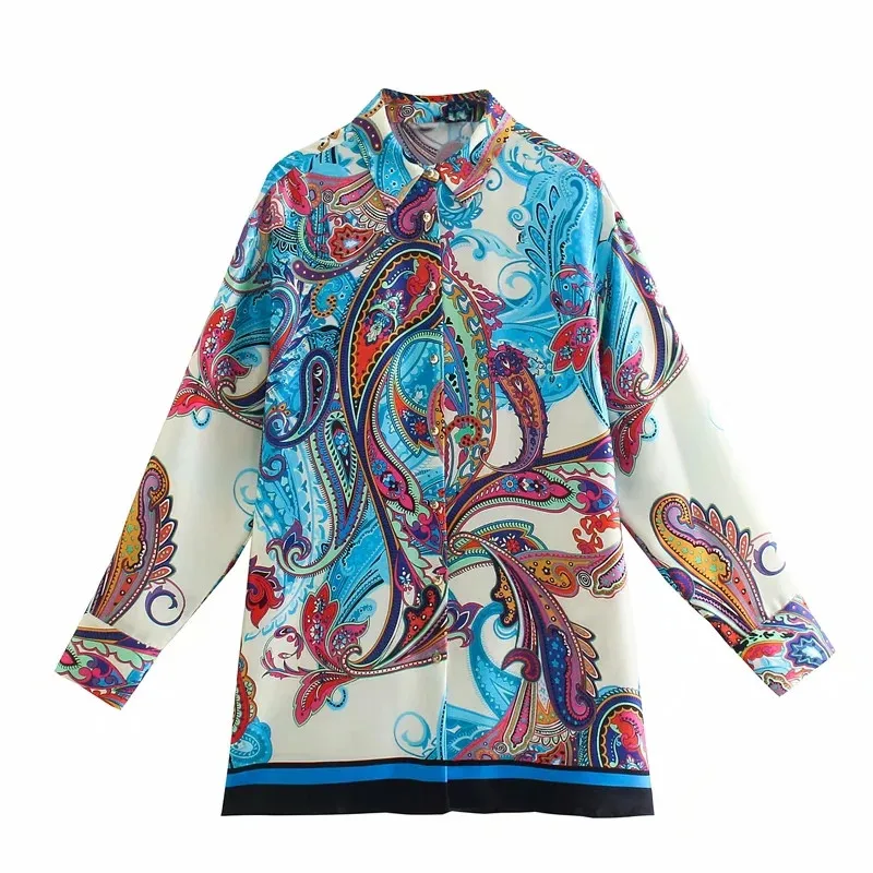

WeiYao Za Top Print Satin Shirt Woman Button Up Oversized Shirt Autumn 2021 Long Sleeve Vintage Top Female Streetwear Blouse
