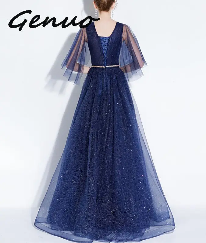

Genuo 2019 New Simple Full Dress V-neck Navy Blue Shining Floor-length Party Custom Formal Dresses Robe De Soiree