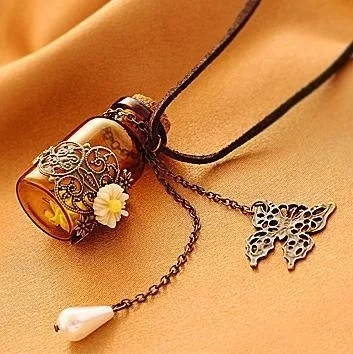 Long retro leather cord sweater chain Wooden cork carved wishing bottle necklace | Дом и сад