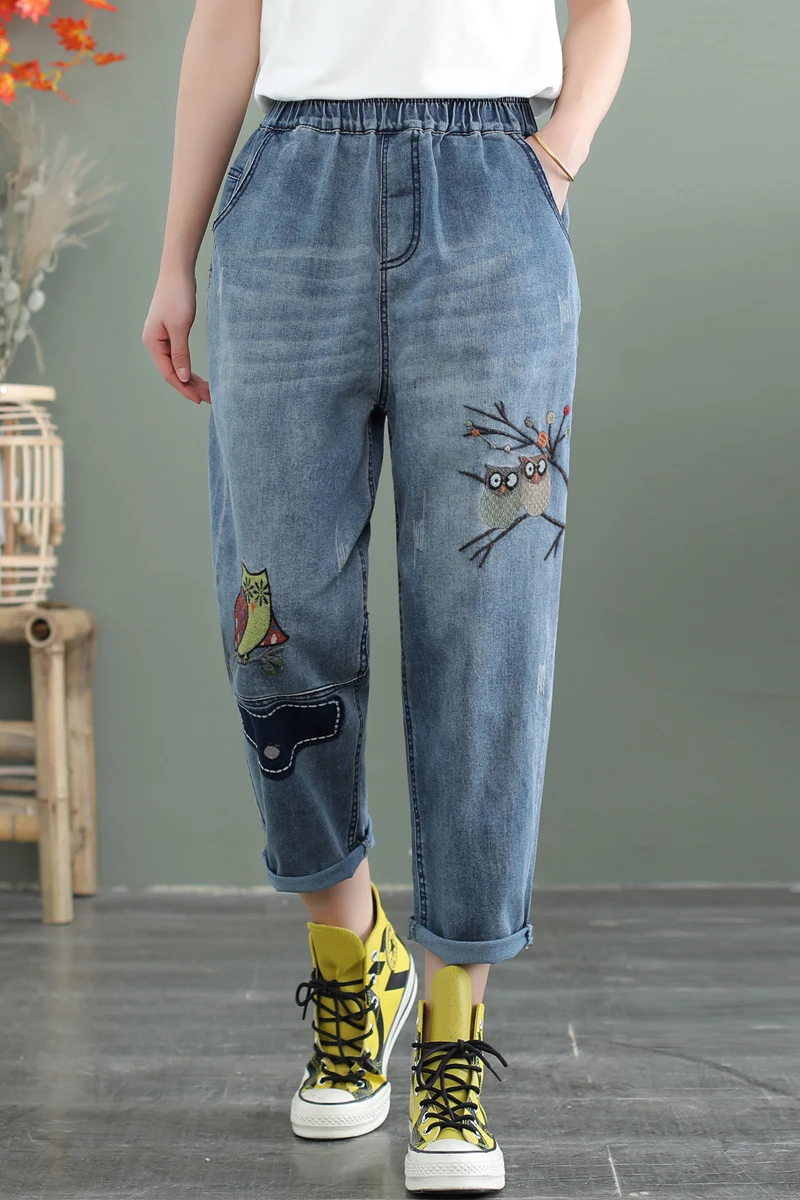

2021 Amoi Vintage Cartoon Owl Embroidered Jeans Women's Loose Slimming Patchwork Patch Ankle-Length Stretchy Harem Pants