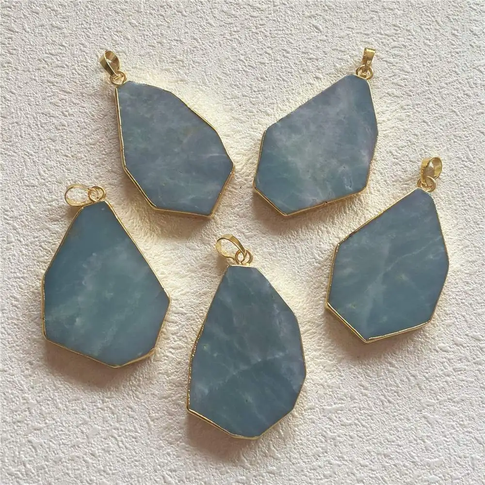 

FUWO Semi Precious Stone Irregular Shape Gilt Edges Amazonite Pendant Handmade Crafts Necklace Accessories for Woman PD338 5Pcs