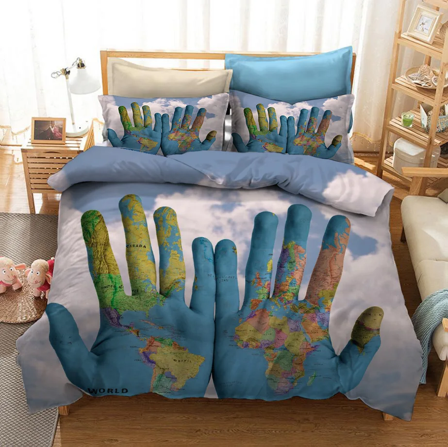 2/3 Pieces World Map Bedding Set 3D Print Cartoon Palm Duvet Cover For Kids Adults Bed Twin Double Quilt | Дом и сад