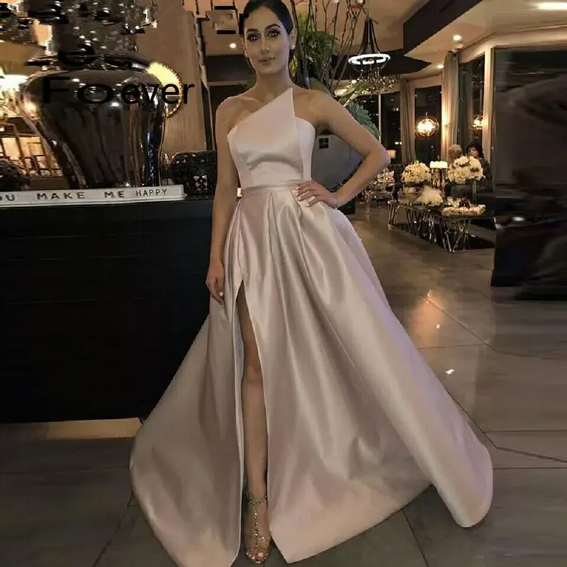 Simple A Line Champagne Evening Dress 2020 Charming Sexy Strapless Pleat Front Split Gown Custom Made | Свадьбы и торжества