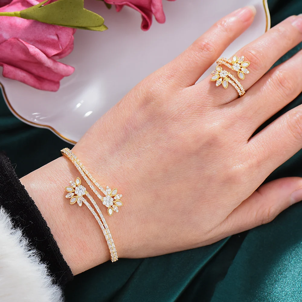 GODKI хип-хоп цветы 2 браслет с несколькими рядами набор колец украшений для женщин