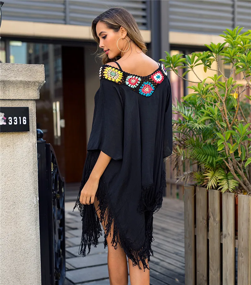 Вязаная крючком Пляжная накидка с v образным вырезом для женщин черная пляжная