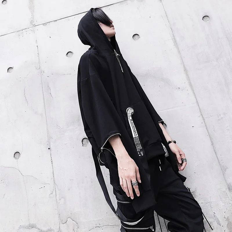 Unique Men's Black Hooded Sweatshirts Oversized Ribbon Fashion Hoodies Male Hip hop Streetwear Baggy Techwear Pullover Tops Man | Мужская