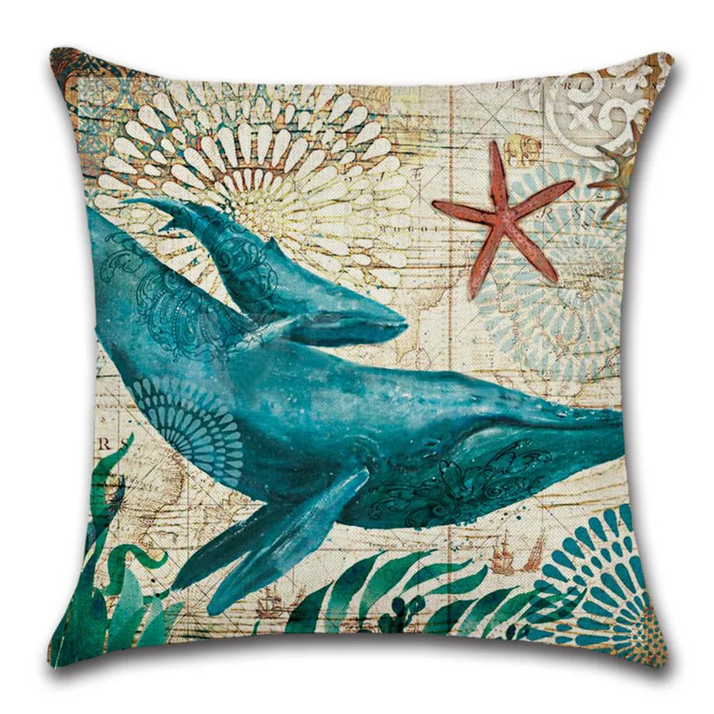 

Ocean Sea Turtles Seahorses Whales Octopuses Linen Cushion Cover Case For Car Sofa Waist Throw Cushion Cover Home Decor