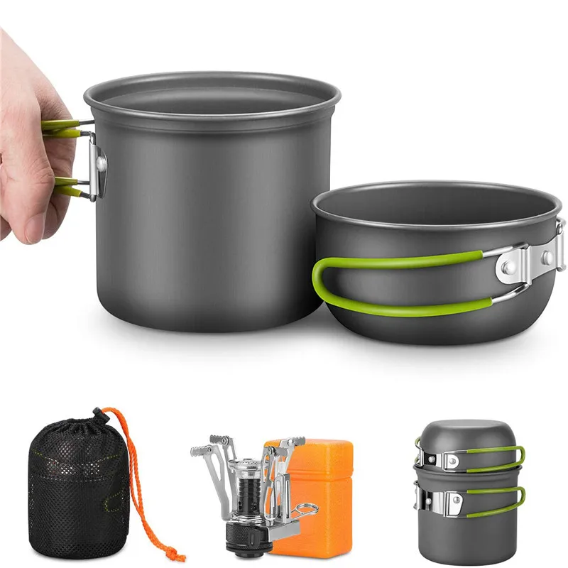 

Outdoor Pot Mini Gas Stove Sets Camping Hiking Cookware Picnic Cooking Set Non-stick Bowls With Foldable Spoon Fork Knife
