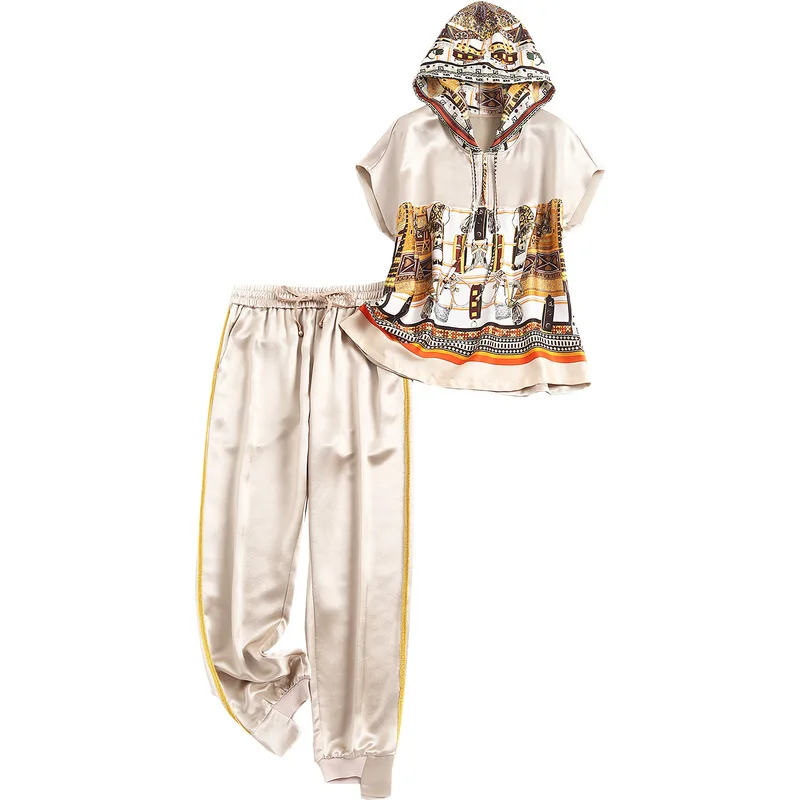 

High Street Fashion Womens Tracksuit Summer Pants Two Piece Set 2020 Designers Hooded Neck Print Top and Pants Suit Matching Set